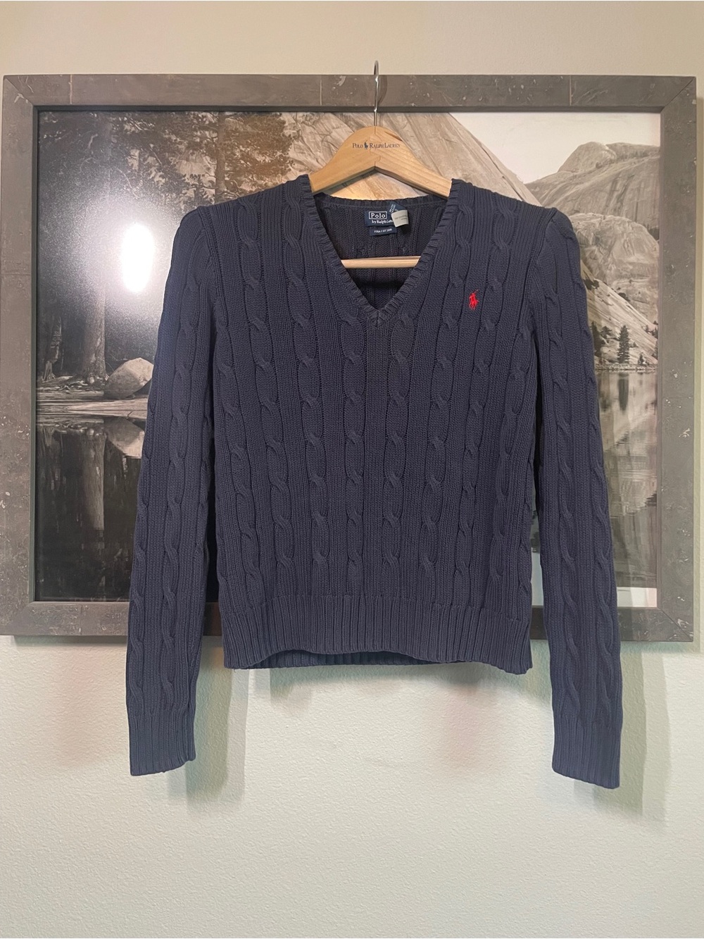 Polo by Ralph Lauren Navy Cable-Knit V-Neck Pima Cotton Sweater